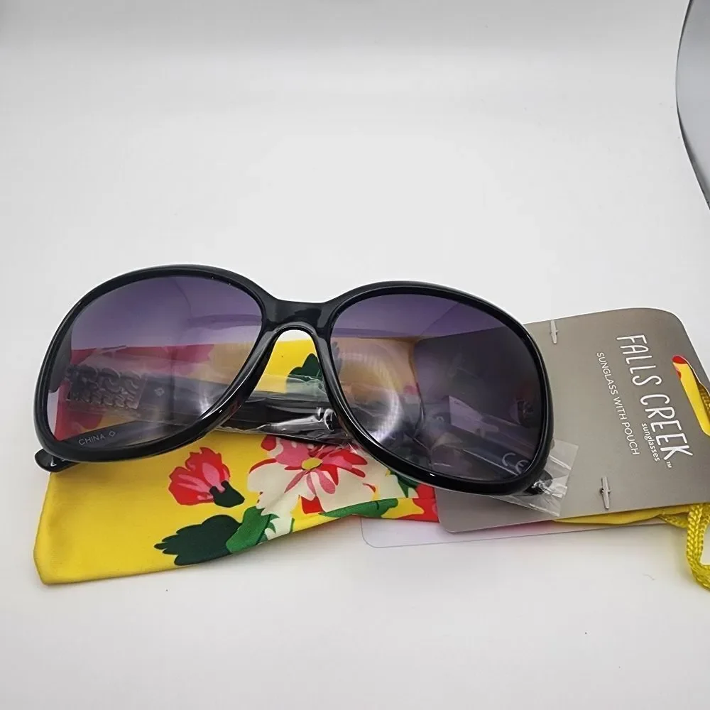 NWT Falls Creek Black & Gold Sunglasses & Yellow Floral Pouch